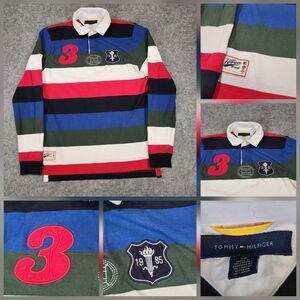 VTG Tommy Hilfiger Mens S Small Stripe #3 Olympic Torch Long Sleeve‎ Polo Shirt